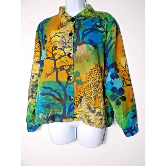 Kaktus USA Linen Top Blouse Button up Cheetah Animal Africa Trees Art to Wear Co - Picture 1 of 15